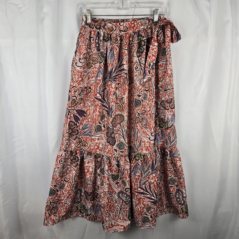 Rachel Zoe Boho Paisley Floral Tiered Peplum Pull On Midi Skirt Womens Size XS